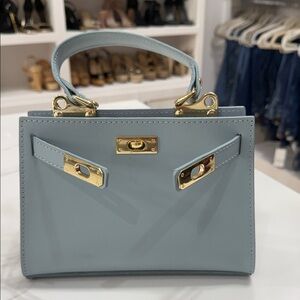 Vera Pelle Light Blue Structured Top-Handle Satchel with Gold Hardware